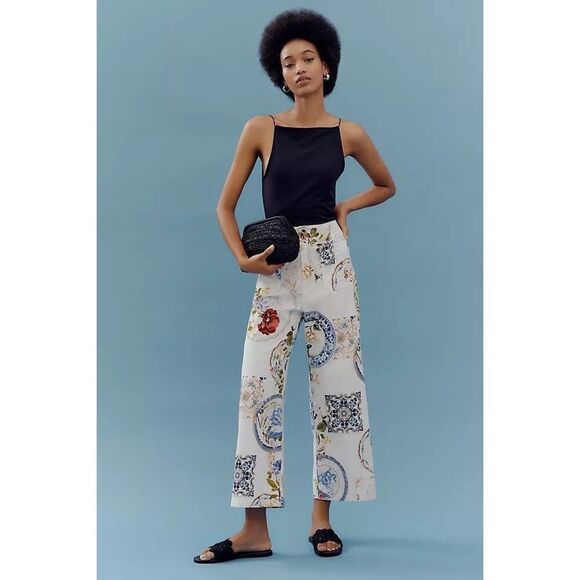 Anthropologie Colette Cropped Wide-Leg Pants Maeve Magic Fabric White Floral - Picture 1 of 5